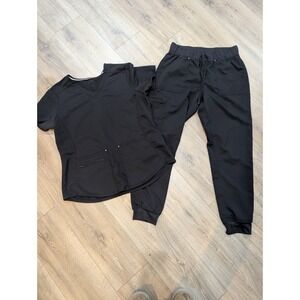 Scrubstar Premium Stretch Black Scrub Set Women's Size L Top & M Jogger Pants...